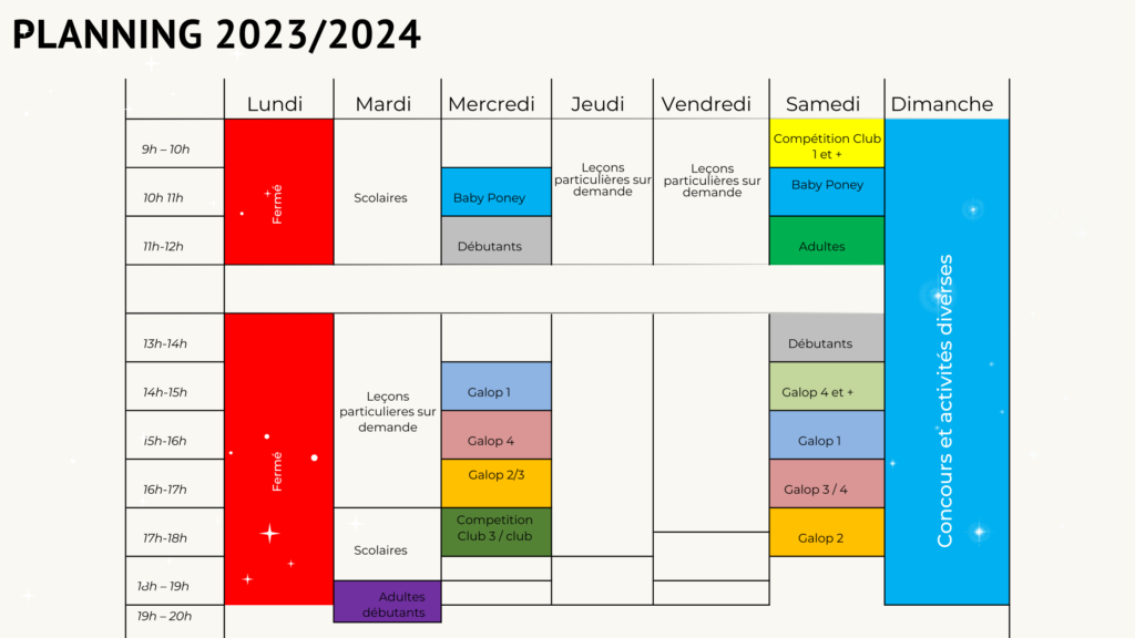 Planning 2023/2024 Haras du Mille : Centre équestre